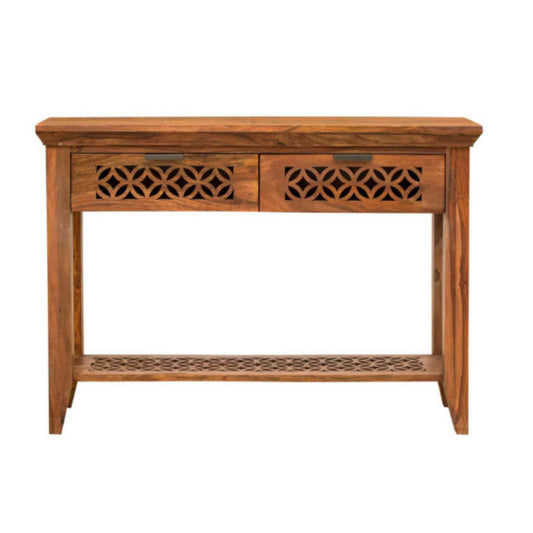 Mirra Console Table is handcrafted with sheesham wood, a honey finish, 2 drawers and a bottom shelf.