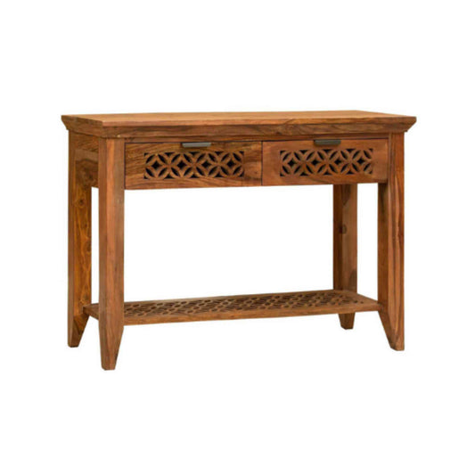 Mirra Console Table is handcrafted with sheesham wood, a honey finish, 2 drawers and a bottom shelf.