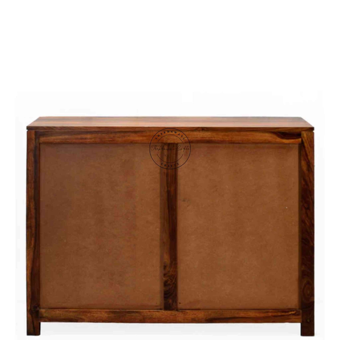 backside view of Handmade vintage Mirra 2-drawer sideboard made of sheesham wood with a honey finish and detachable shelves.