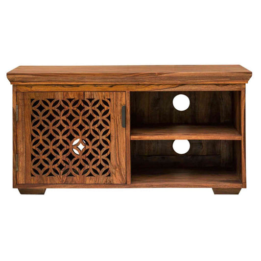 Mirra wooden TV Cabinet crafted from solid sheesham wood, vintage design, honey finish, 1 shelf, 1 door, furniture for home.