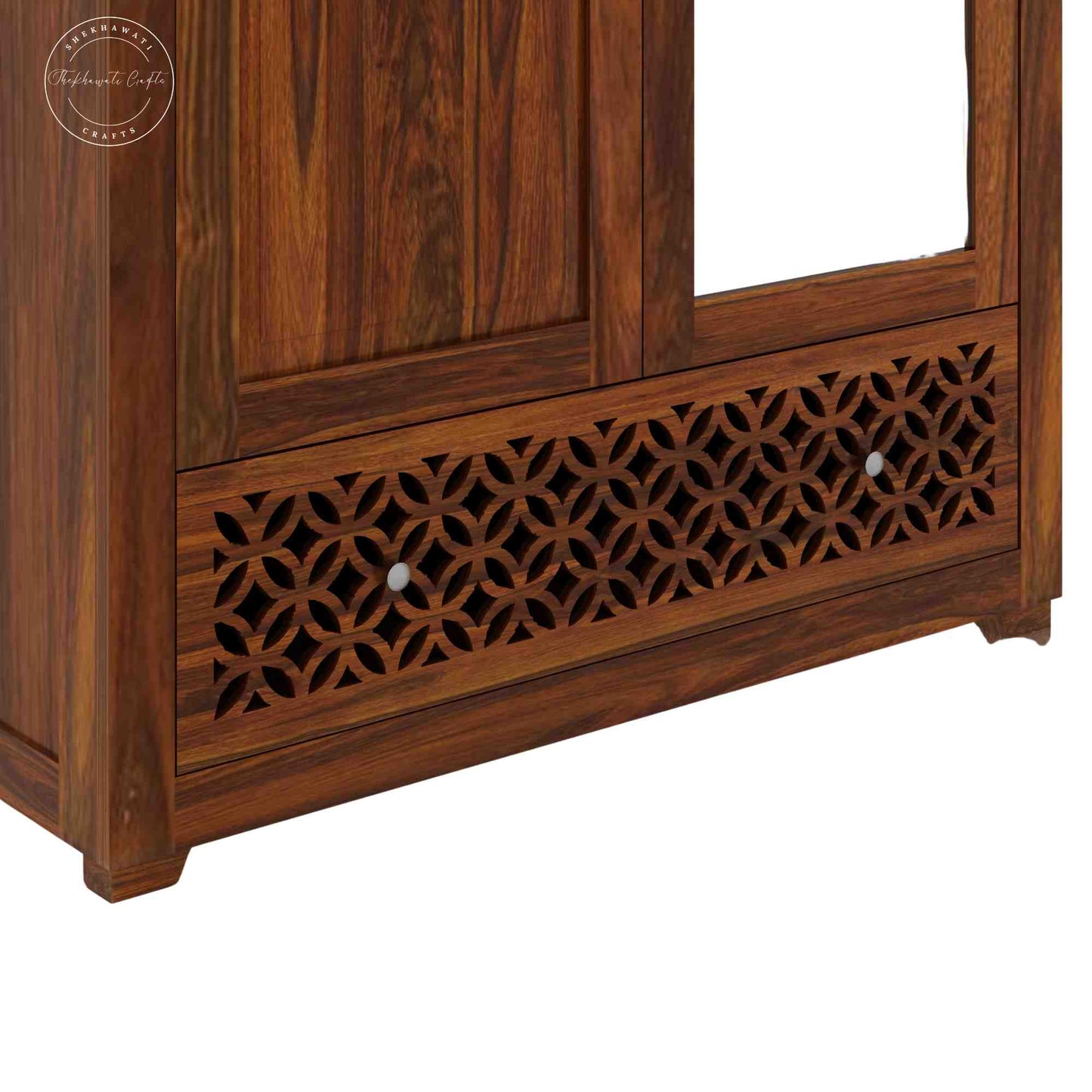 Handmade Mirra Wardrobe in solid Sheesham wood with a honey finish, internal shelves, 3 drawers, and an optional mirror door.