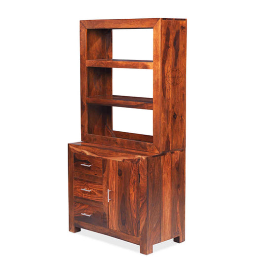 Modish wooden crockery cabinet crafted from sheesham wood, a honey finish, open shelves, 3 drawers and 1 door.