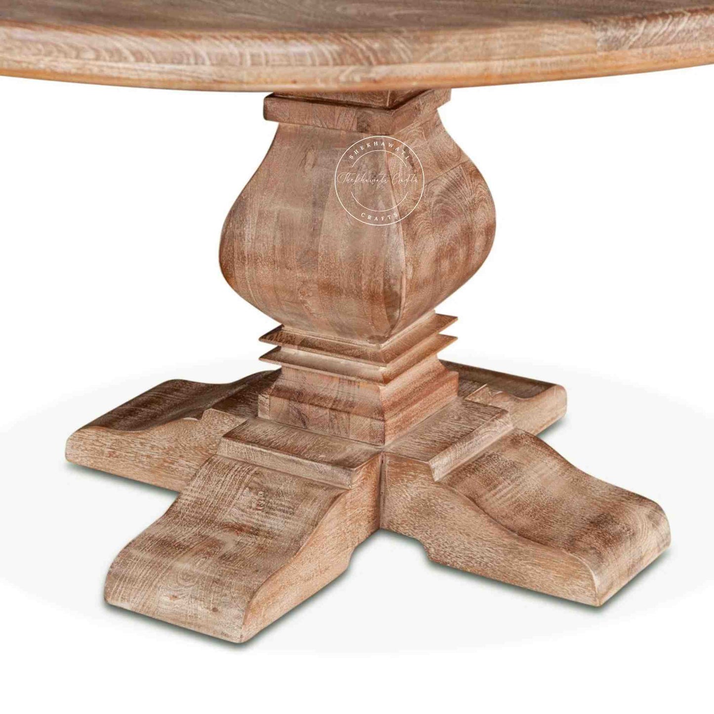 Close-up look of Handmade Montreal retro solid mango wood dining table with rustic finish