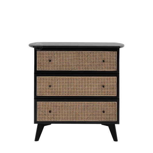 Murphy rattan chest of drawers crafted from solid mango wood with a rattan cane design, featuring a matte black finish and 3 drawers.