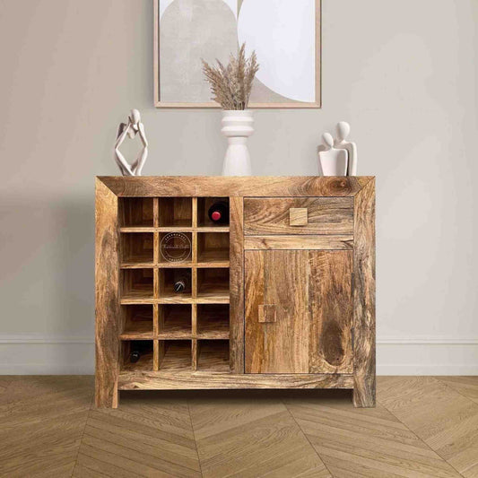 Handcrafted wooden bar cabinet in a natural finish with one drawer, one door, and separate bottle sections.