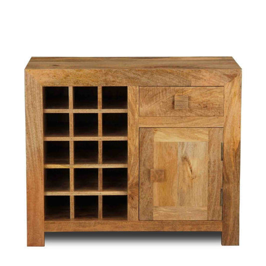 Handcrafted wooden bar cabinet in a natural finish with one drawer, one door, and separate bottle sections.