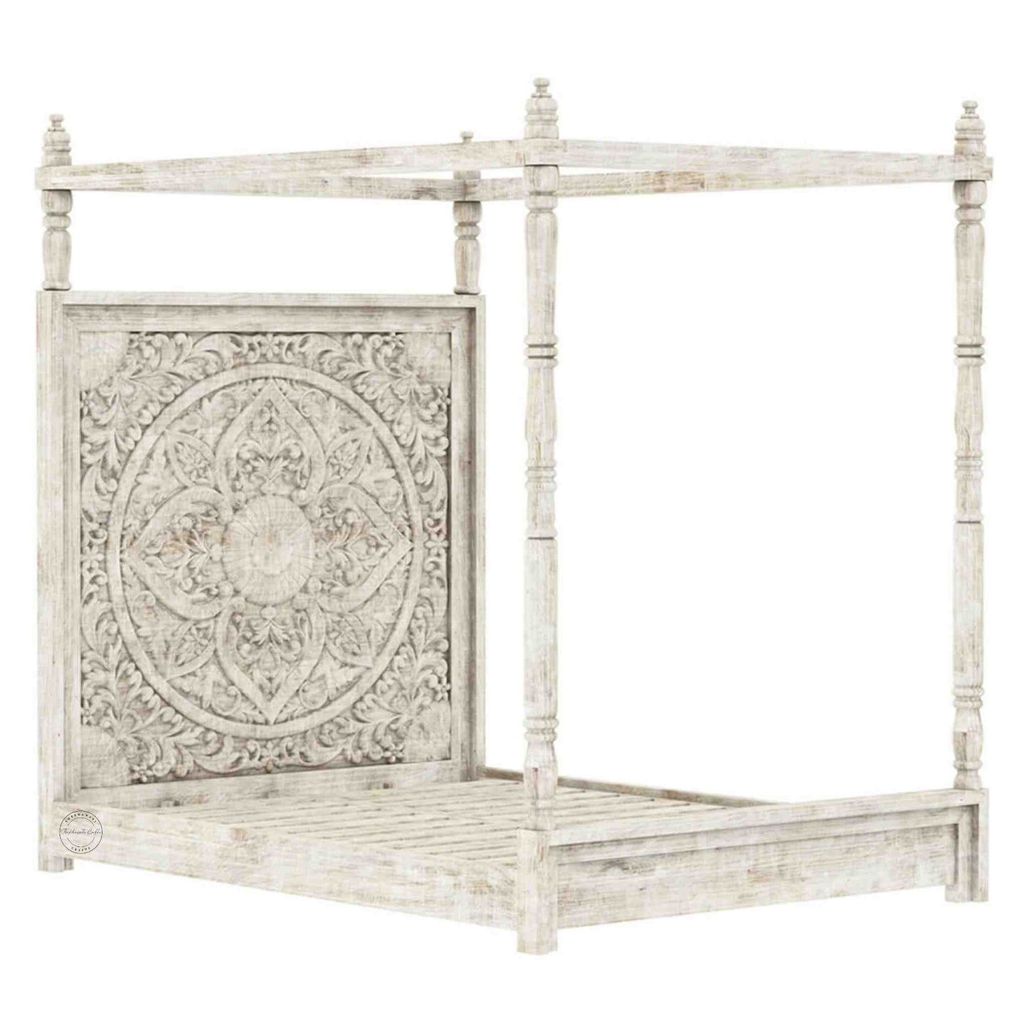 Nexon King Size Poster Bed handcrafted from mango wood, a rustic white finish and hand-carved vintage design.