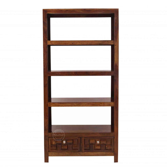 Nivar Wood Bookshelf crafted from sheesham wood with a honey finish, 4 shelves and 2 drawers.