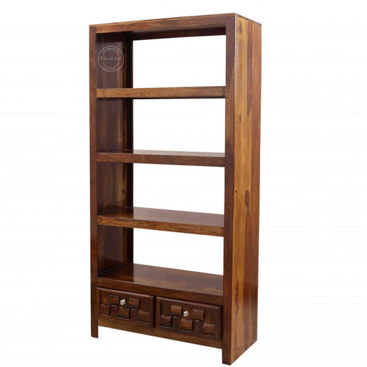 Nivar Wood Bookshelf crafted from sheesham wood with a honey finish, 4 shelves and 2 drawers.