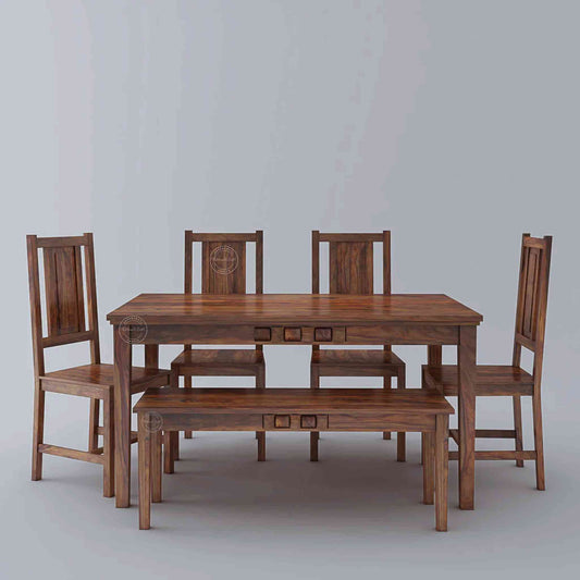 Nivar Dining set is made from sheesham wood with a natural finish and detachable legs. wooden dining sets with 4 chairs and a bench.