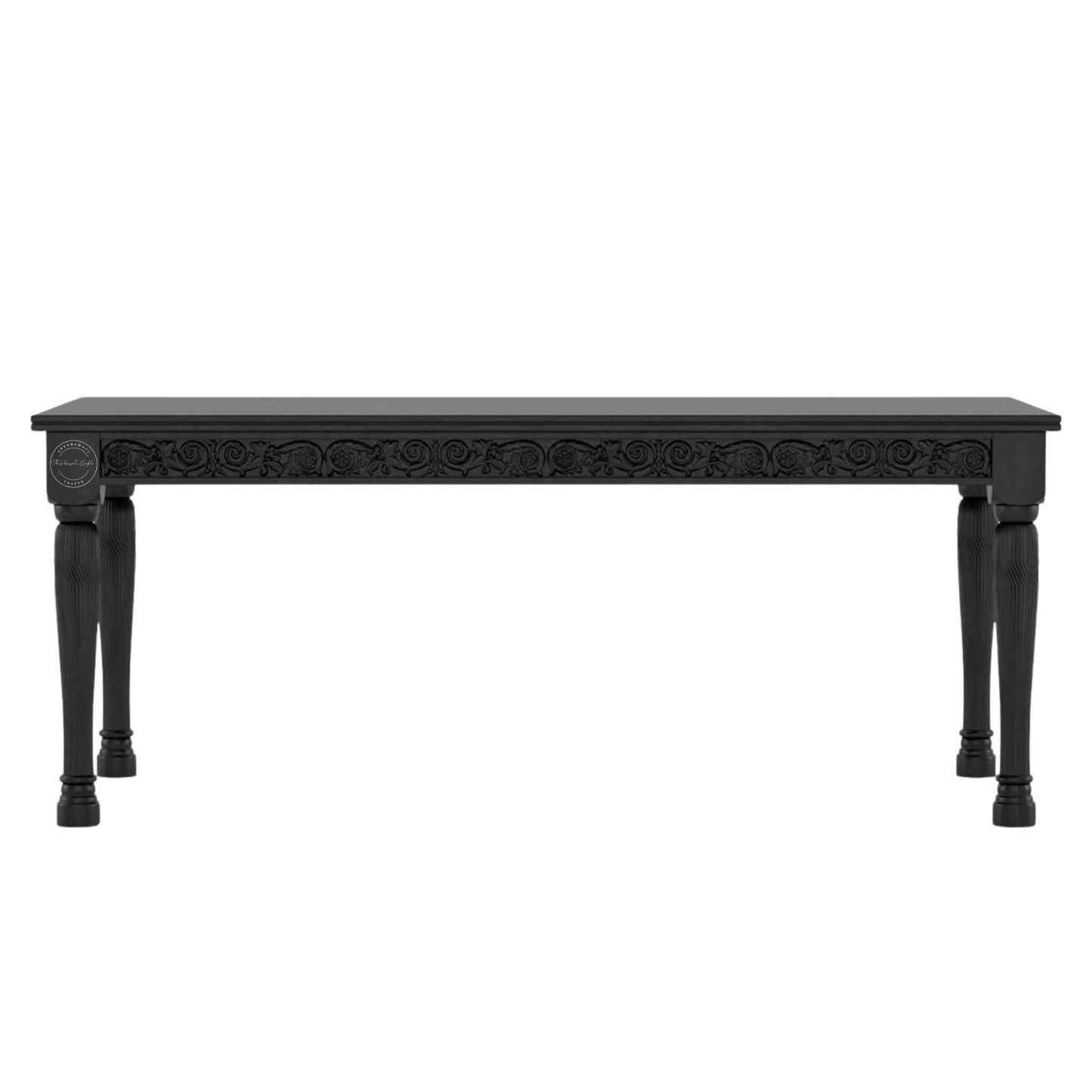 Nobel Dining Table is made from mango wood with a matte black finish, vintage hand-carved design and DIY assembled legs.
