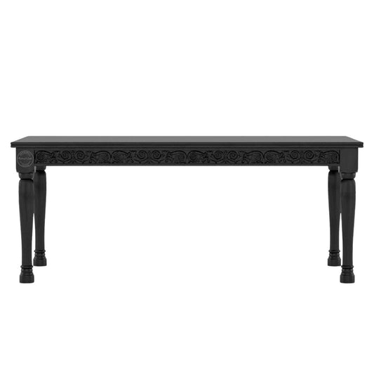 Nobel Dining Table is made from mango wood with a matte black finish, vintage hand-carved design and DIY assembled legs.