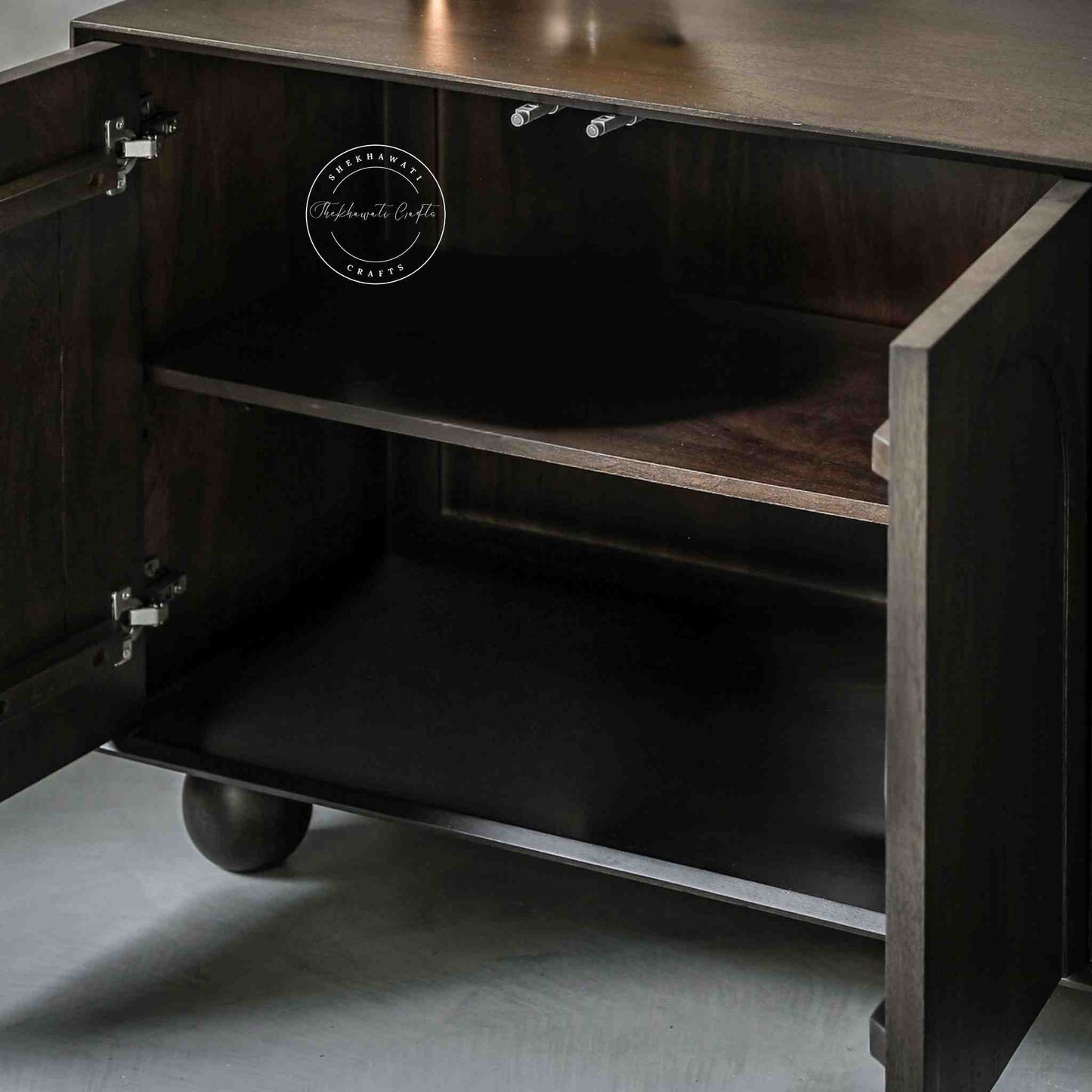 Novo wooden sideboard handcrafted from mango wood, a walnut finish and 4 doors