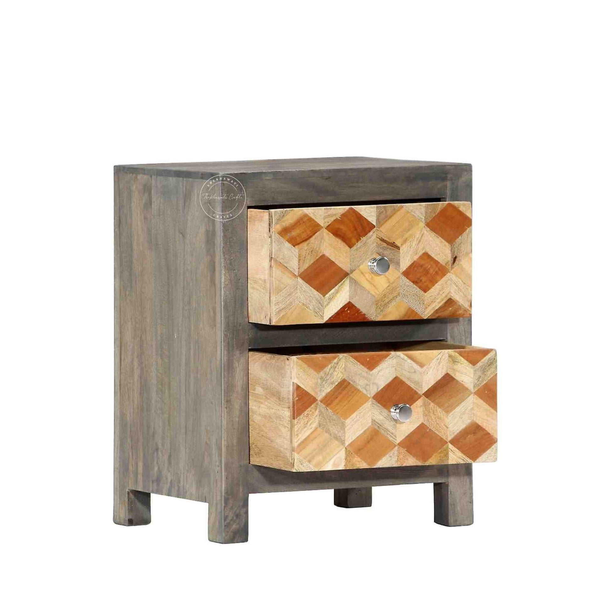 Orion bedside table is handcrafted from mango wood and dual tone finish with 2 drawers