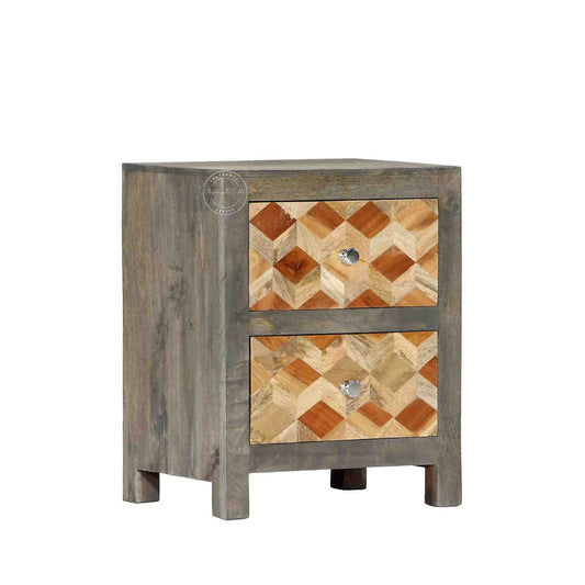 A Wooden nightstand with geometric pattern and two drawers on a white background