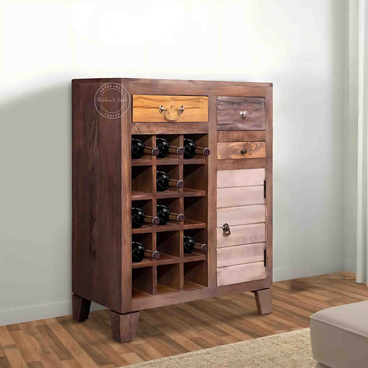 Handcrafted Oslo Bar Cabinet made from mango wood with a rustic finish, featuring 3 drawers, and bottle sections.