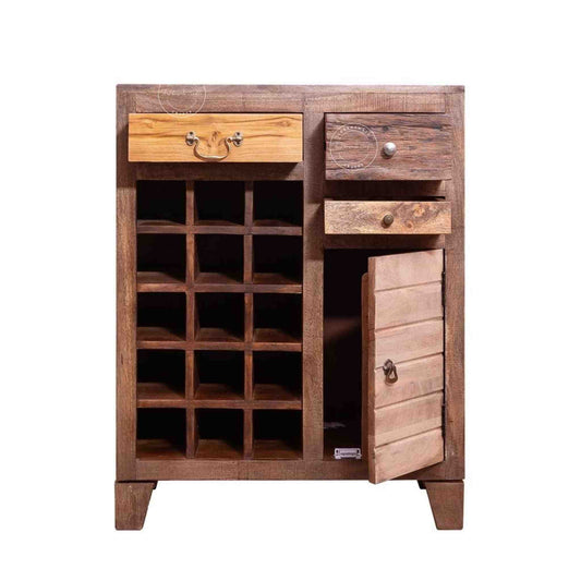 Handcrafted Oslo Bar Cabinet made from mango wood with a rustic finish, featuring 3 drawers, and bottle sections.