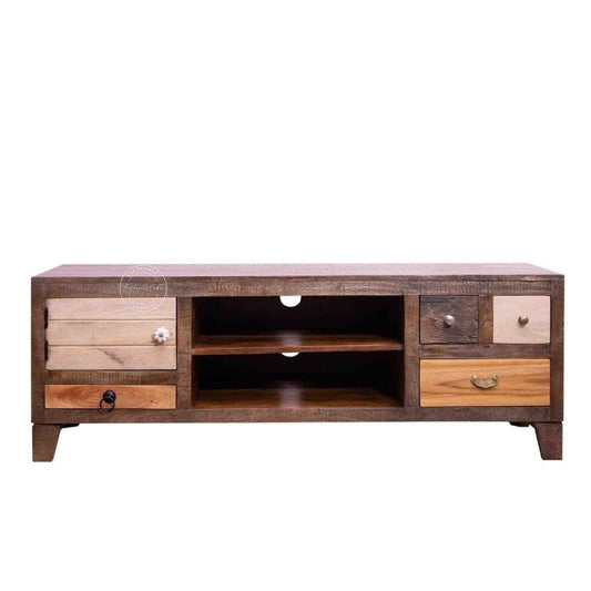 Oslo Mango Wood TV Cabinet with a dual-tone finish, 3 drawers, central open shelf, and wire pass hole.