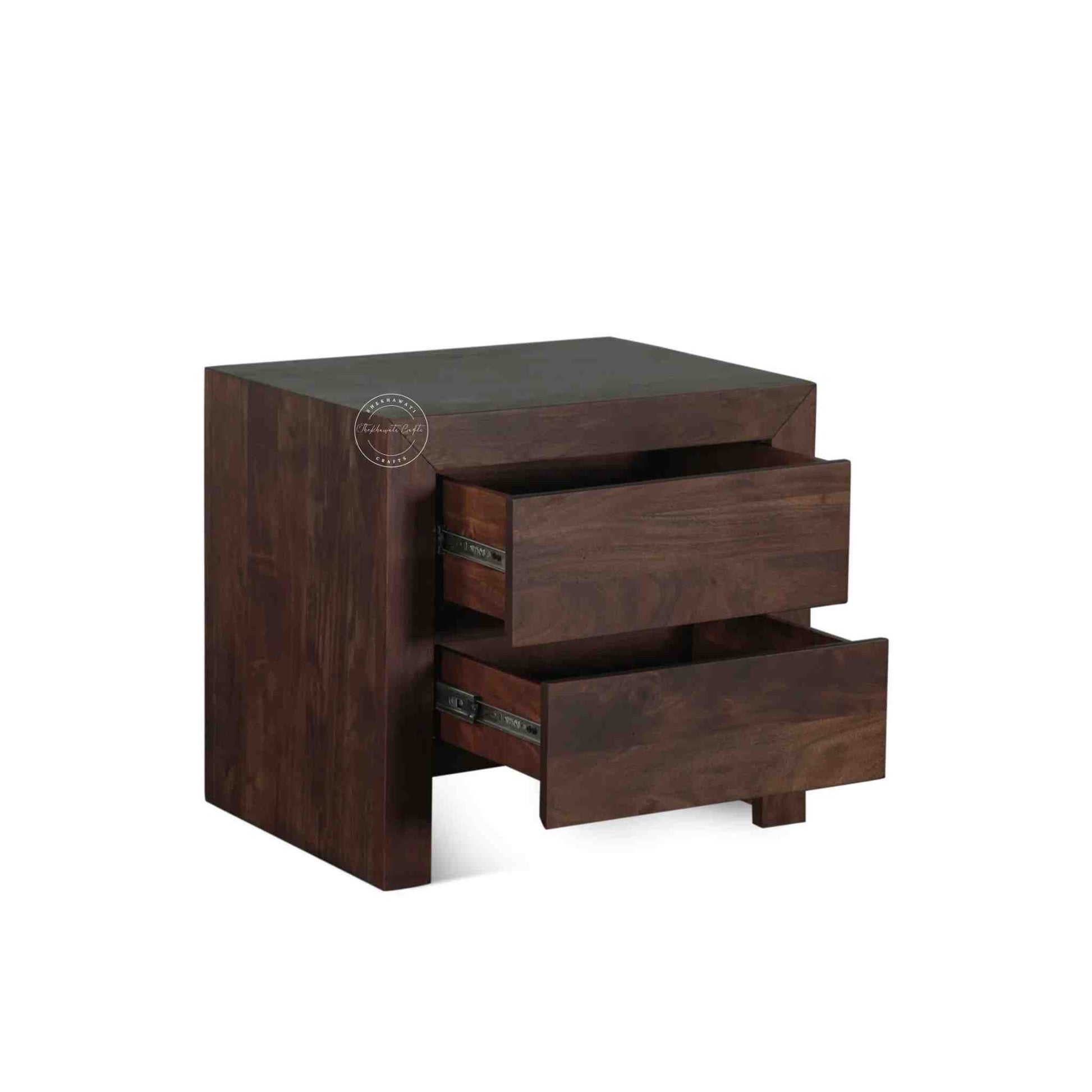 Palm Bedside Table is handcrafted from sheesham wood with 2 drawers