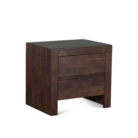 side view of a wooden nightstand with two drawers and walnut finish on a white background.