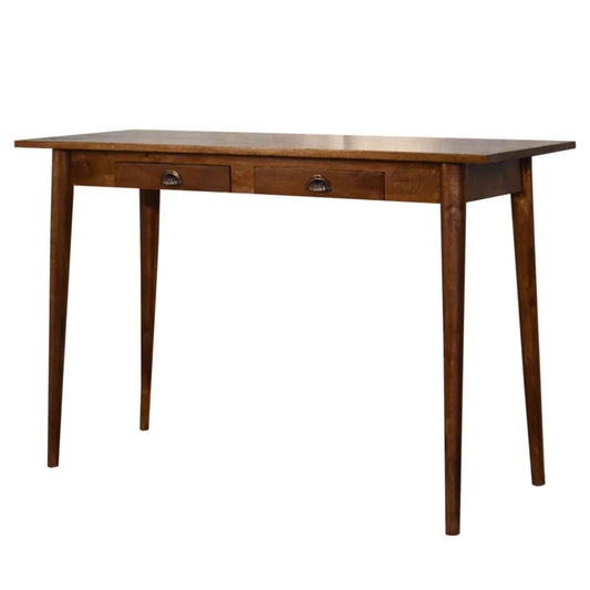 Pikka Study Table made from Sheesham wood, honey finish, detachable round legs and 2 drawers.