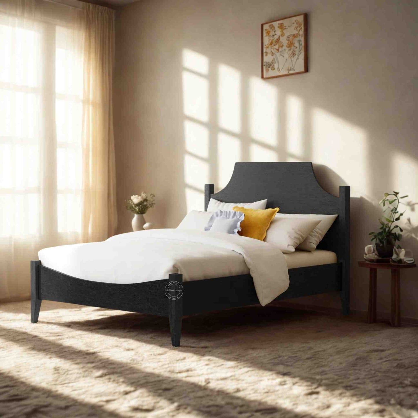 this wooden king size bed is crafted from sheesham wood and a black matte black finish.