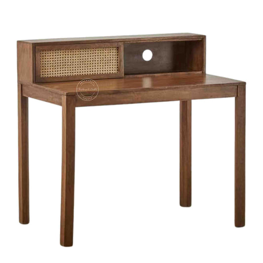 Rattan Study Table handcrafted with mango wood, natural finish, rattan sliding door, and foldable legs.