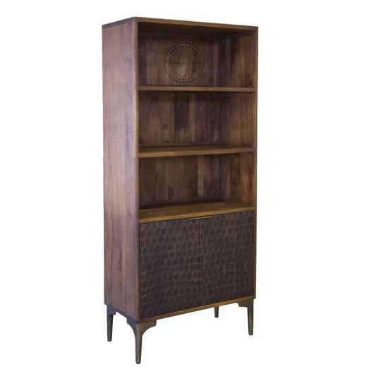 Ren Bookshelve is handcrafted with sheesham wood, a light walnut finish, 3 shelves and 2 doors.