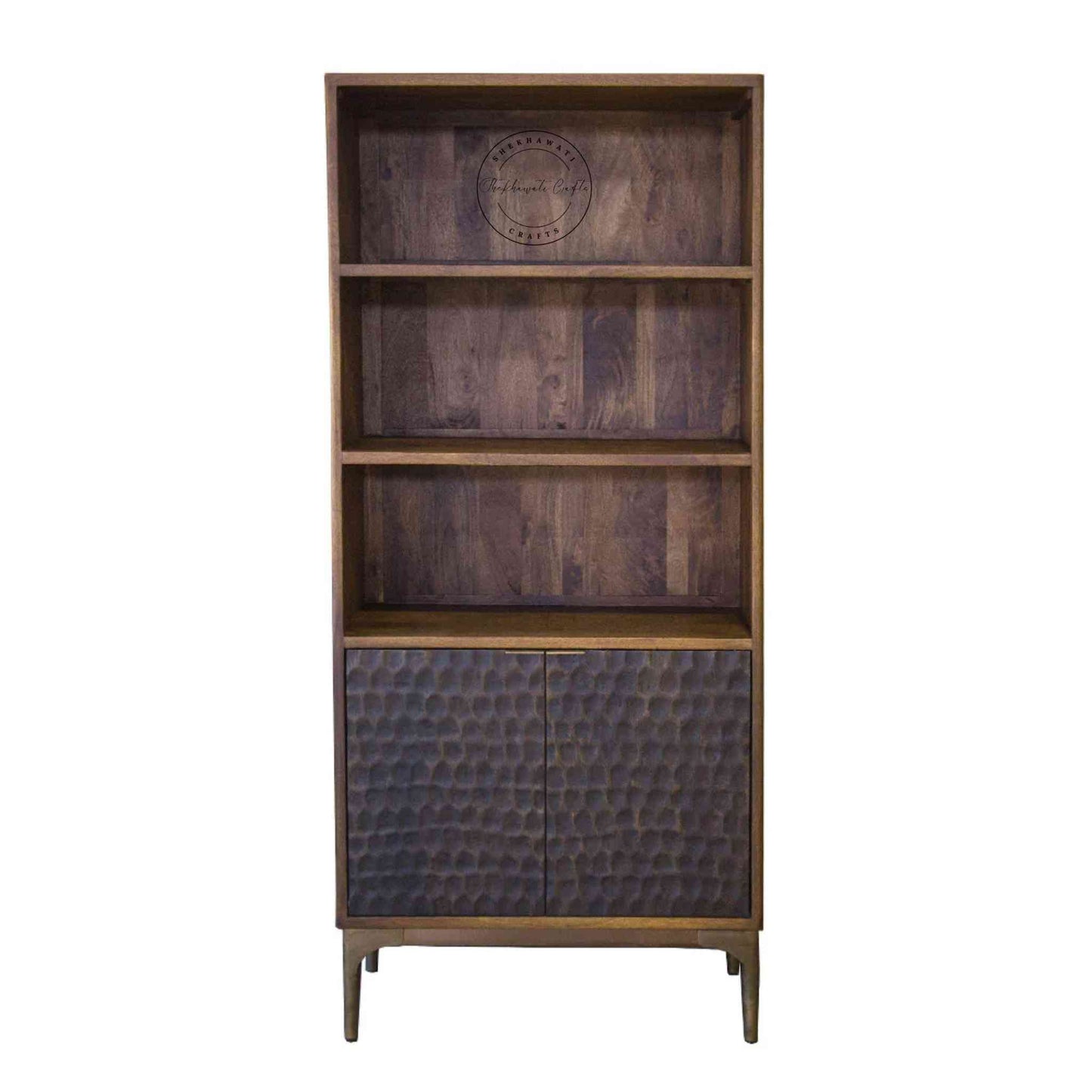 Ren Bookshelve is handcrafted with sheesham wood, a light walnut finish, 3 shelves and 2 doors.