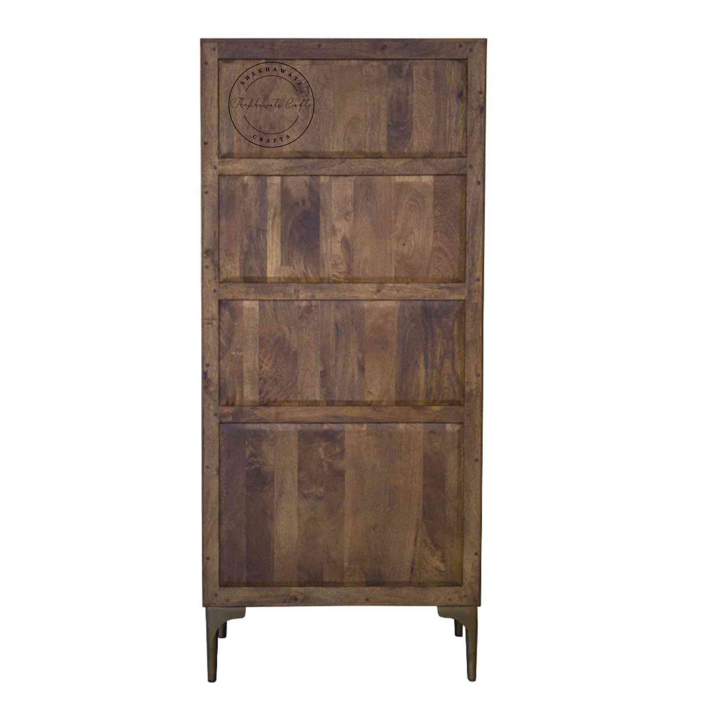 Ren Bookshelve is handcrafted with sheesham wood, a light walnut finish, 3 shelves and 2 doors.