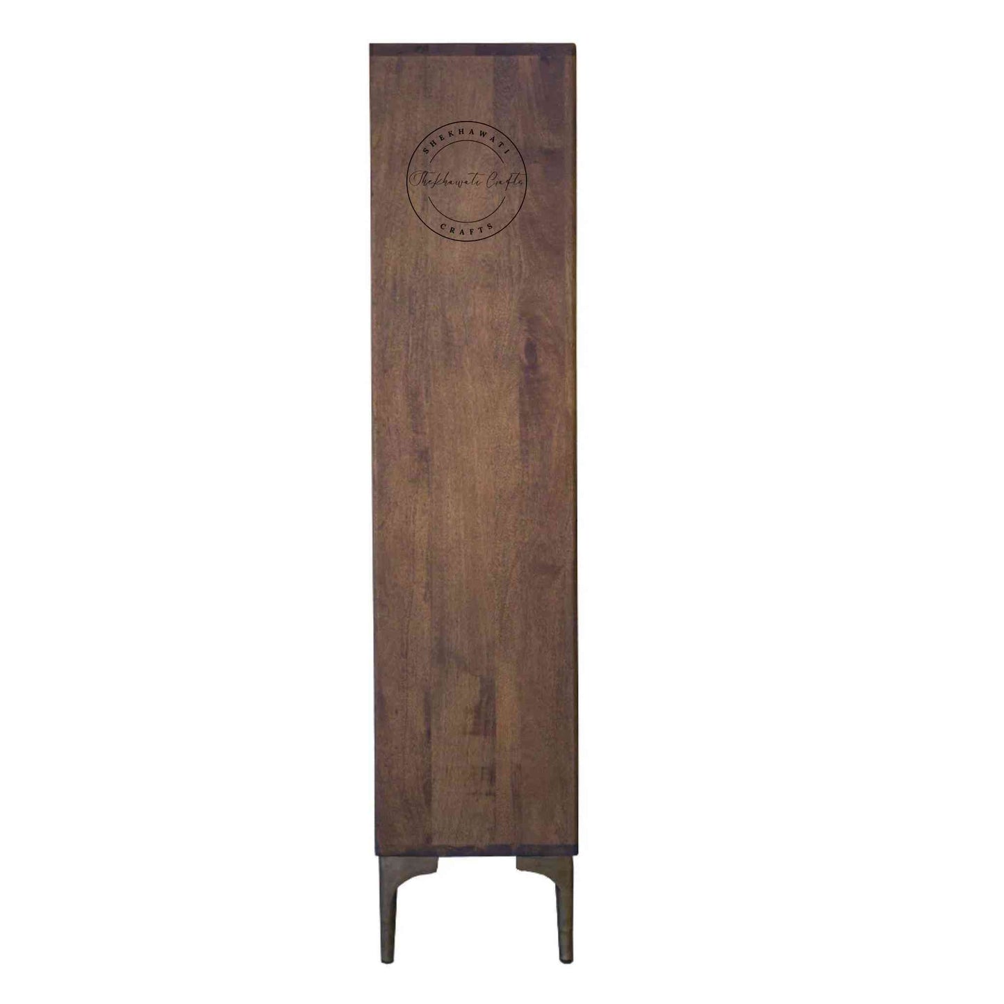 Ren Bookshelve is handcrafted with sheesham wood, a light walnut finish, 3 shelves and 2 doors.