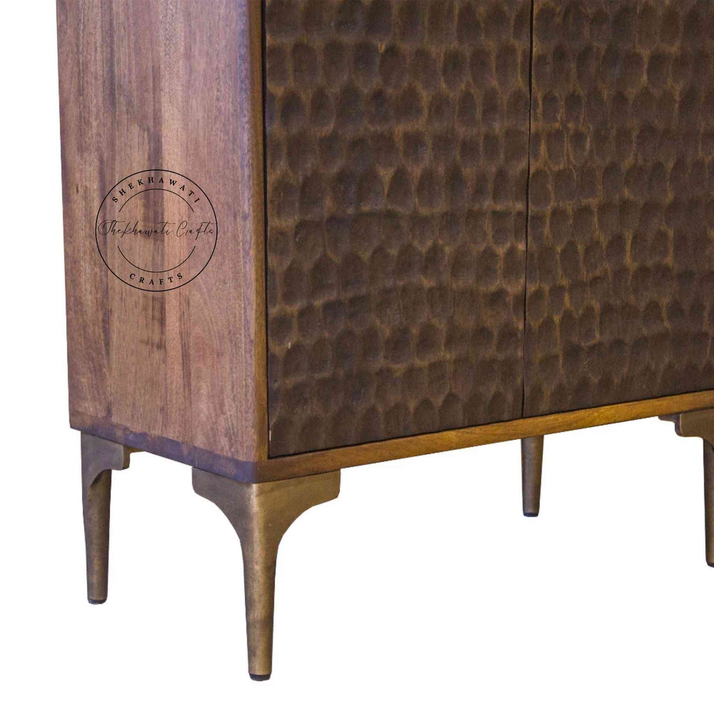 Ren Bookshelve is handcrafted with sheesham wood, a light walnut finish, 3 shelves and 2 doors.