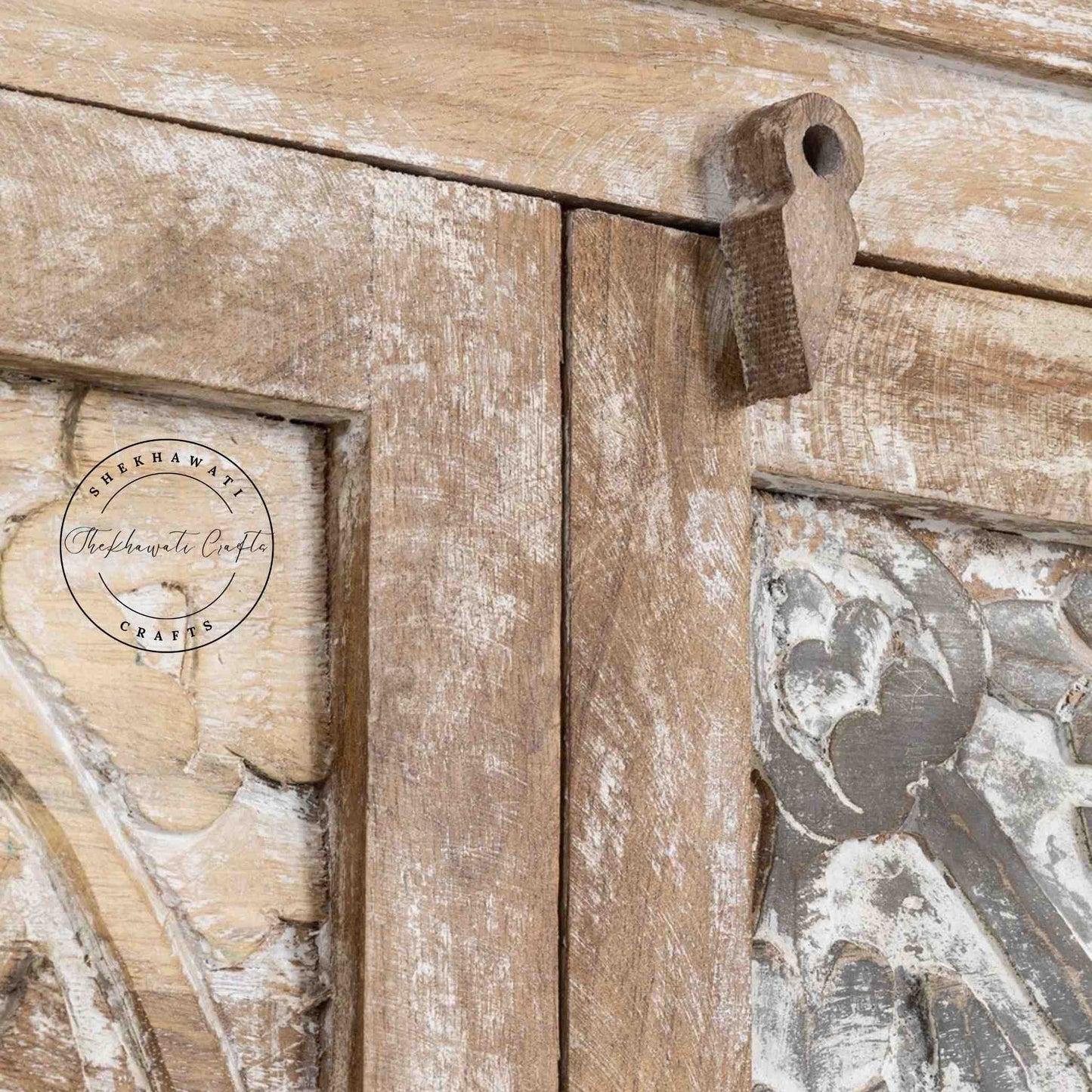 Hand-carved vintage wooden almira with a rustic finish. Spacious and made from durable, termite-free mango wood.