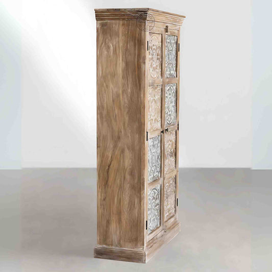 Hand-carved vintage wooden almira with a rustic finish. Spacious and made from durable, termite-free mango wood.