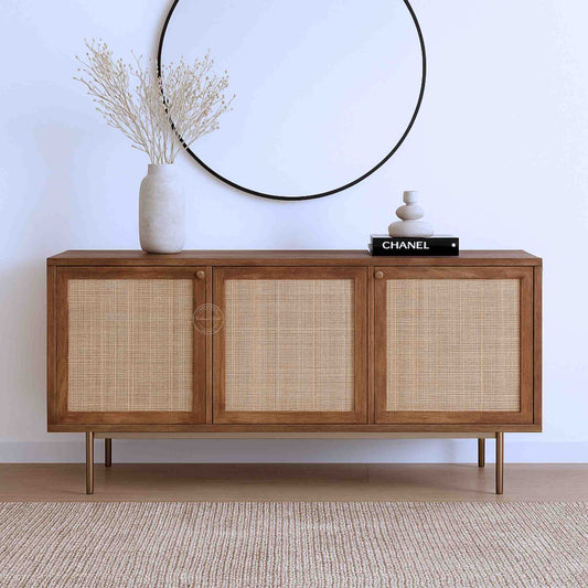 Handcrafted Riviera Rattan Acacia Wood Sideboard with 3 doors and a natural stain finish.