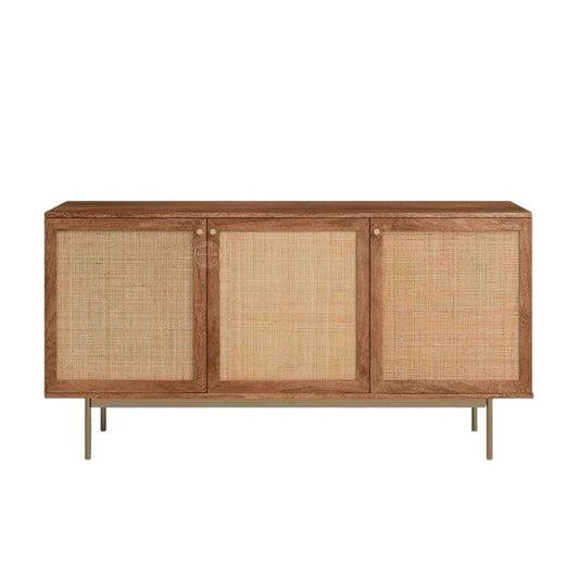Handcrafted Riviera Rattan Acacia Wood Sideboard with 3 doors and a natural stain finish.