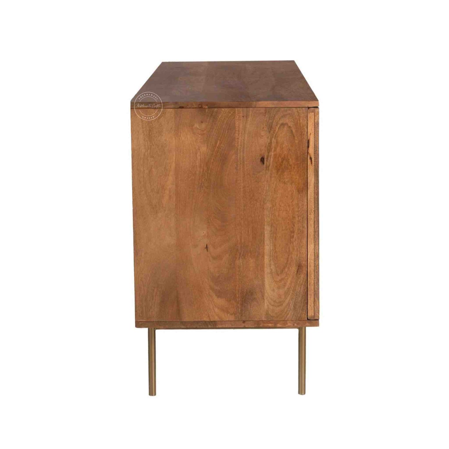 Handcrafted Riviera Rattan Acacia Wood Sideboard with 3 doors and a natural stain finish.