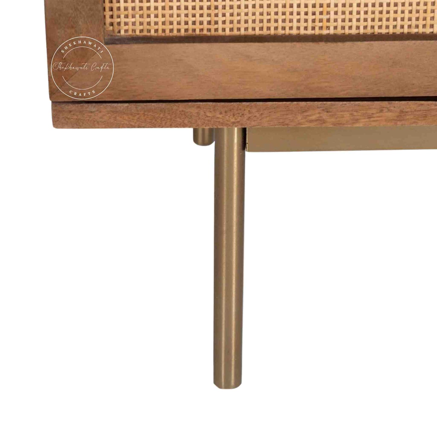 Handcrafted Riviera Rattan Acacia Wood Sideboard with 3 doors and a natural stain finish.