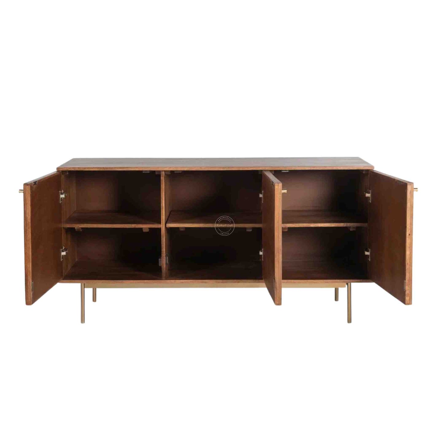 Handcrafted Riviera Rattan Acacia Wood Sideboard with 3 doors and a natural stain finish.