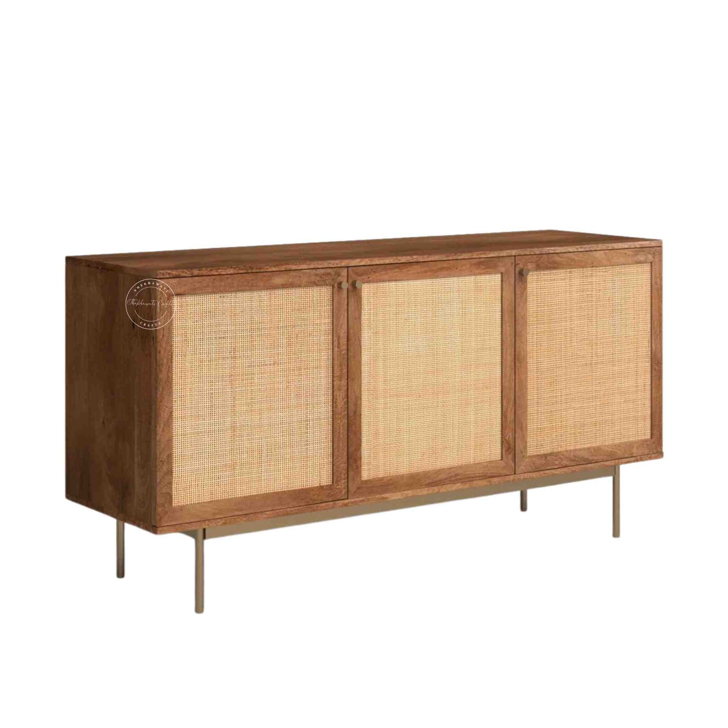 Handcrafted Riviera Rattan Acacia Wood Sideboard with 3 doors and a natural stain finish.