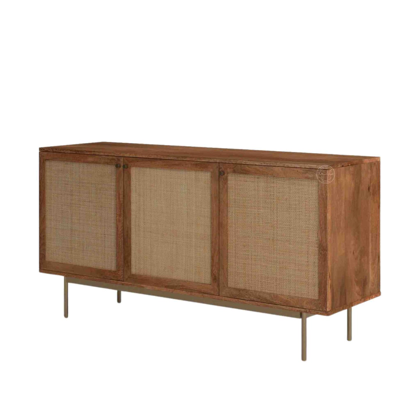 Handcrafted Riviera Rattan Acacia Wood Sideboard with 3 doors and a natural stain finish.