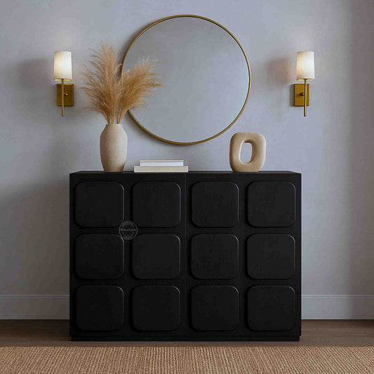 Royal Aravalli Sideboard is handmade from solid mango wood and a matte black finish.