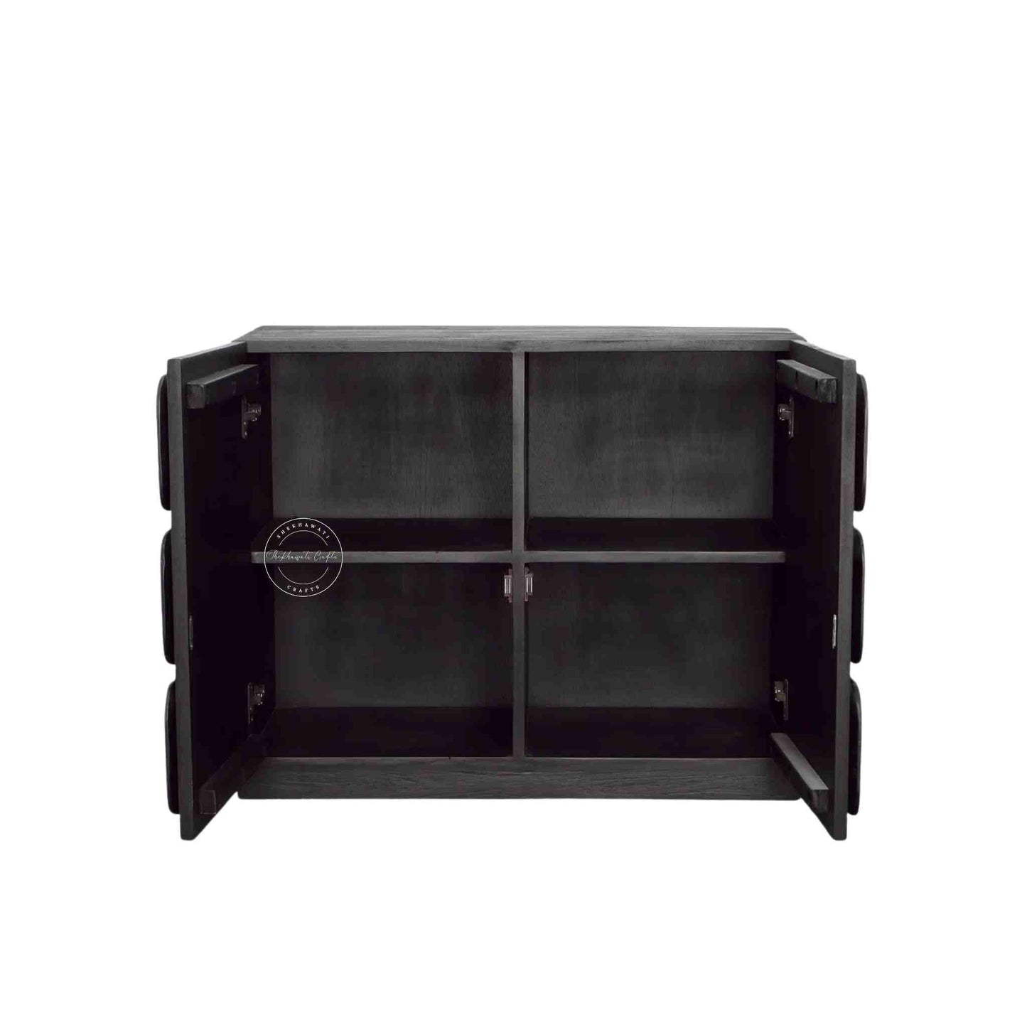 Royal Aravalli Sideboard is handmade from solid mango wood and a matte black finish.
