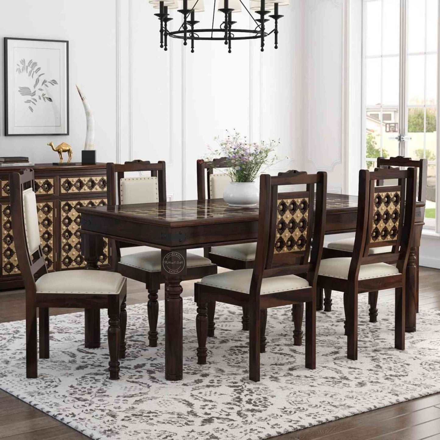6-seater dining table, handcrafted from sheesham wood with a walnut finish, hand-carved and brass detailing, and DIY assemble legs.