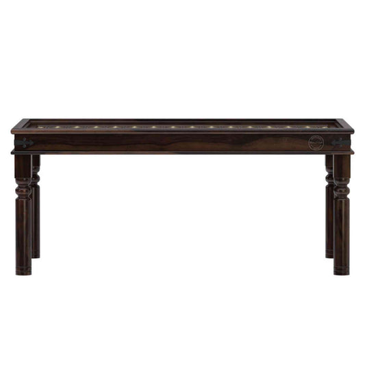 6-seater dining table, handcrafted from sheesham wood with a walnut finish, hand-carved and brass detailing, and DIY assemble legs.