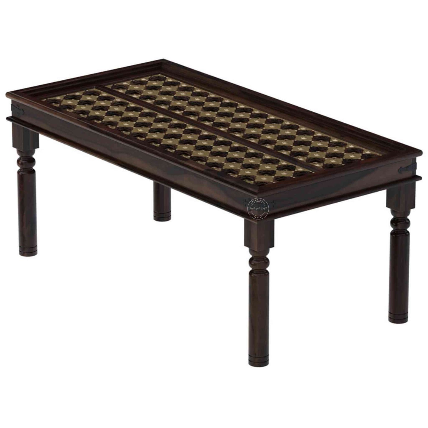 6-seater dining table, handcrafted from sheesham wood with a walnut finish, hand-carved and brass detailing, and DIY assemble legs.