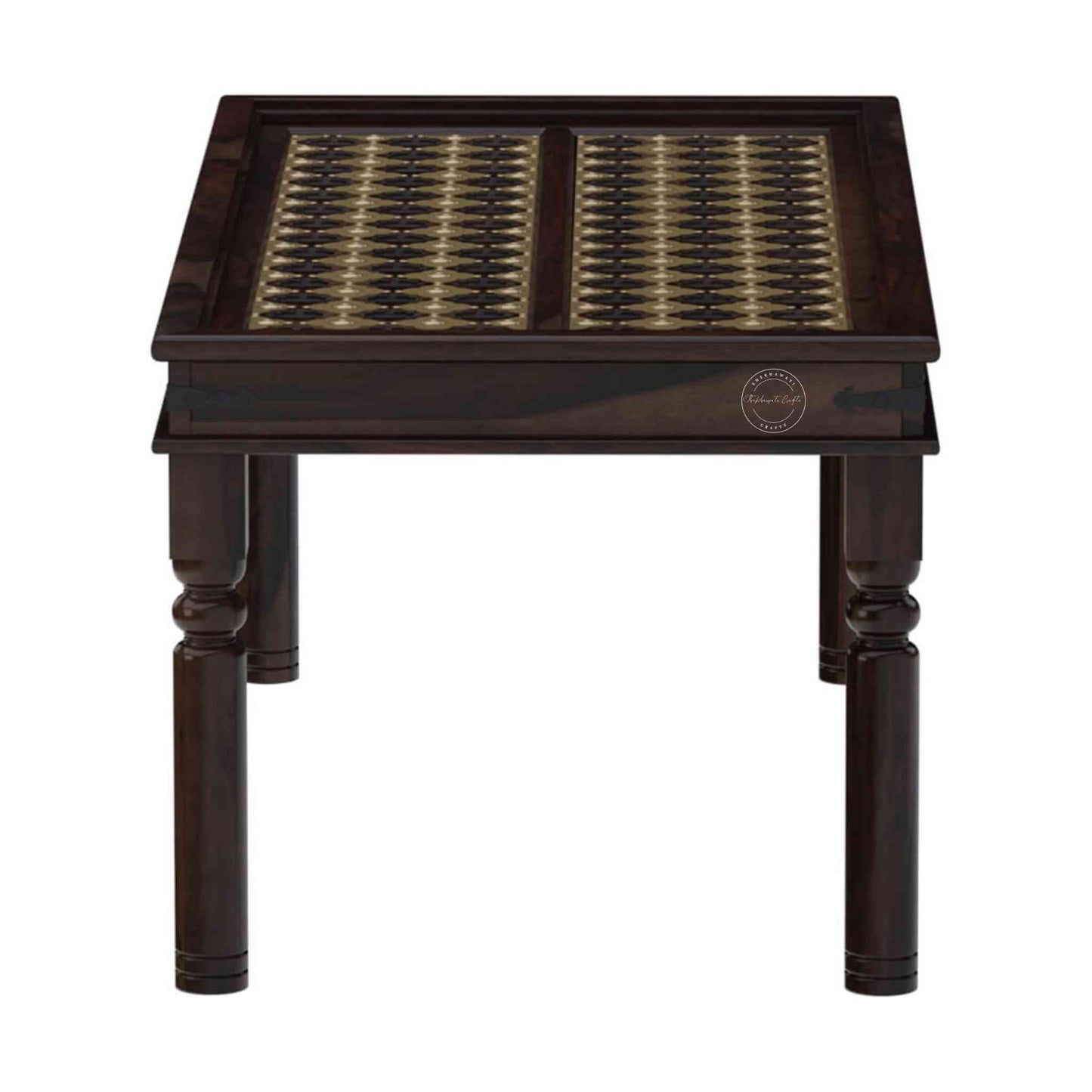 6-seater dining table, handcrafted from sheesham wood with a walnut finish, hand-carved and brass detailing, and DIY assemble legs.