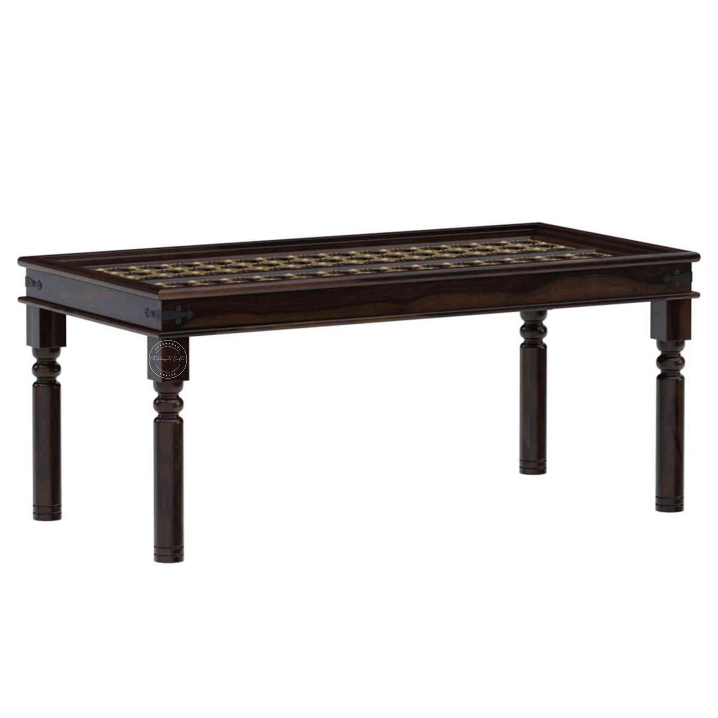6-seater dining table, handcrafted from sheesham wood with a walnut finish, hand-carved and brass detailing, and DIY assemble legs.