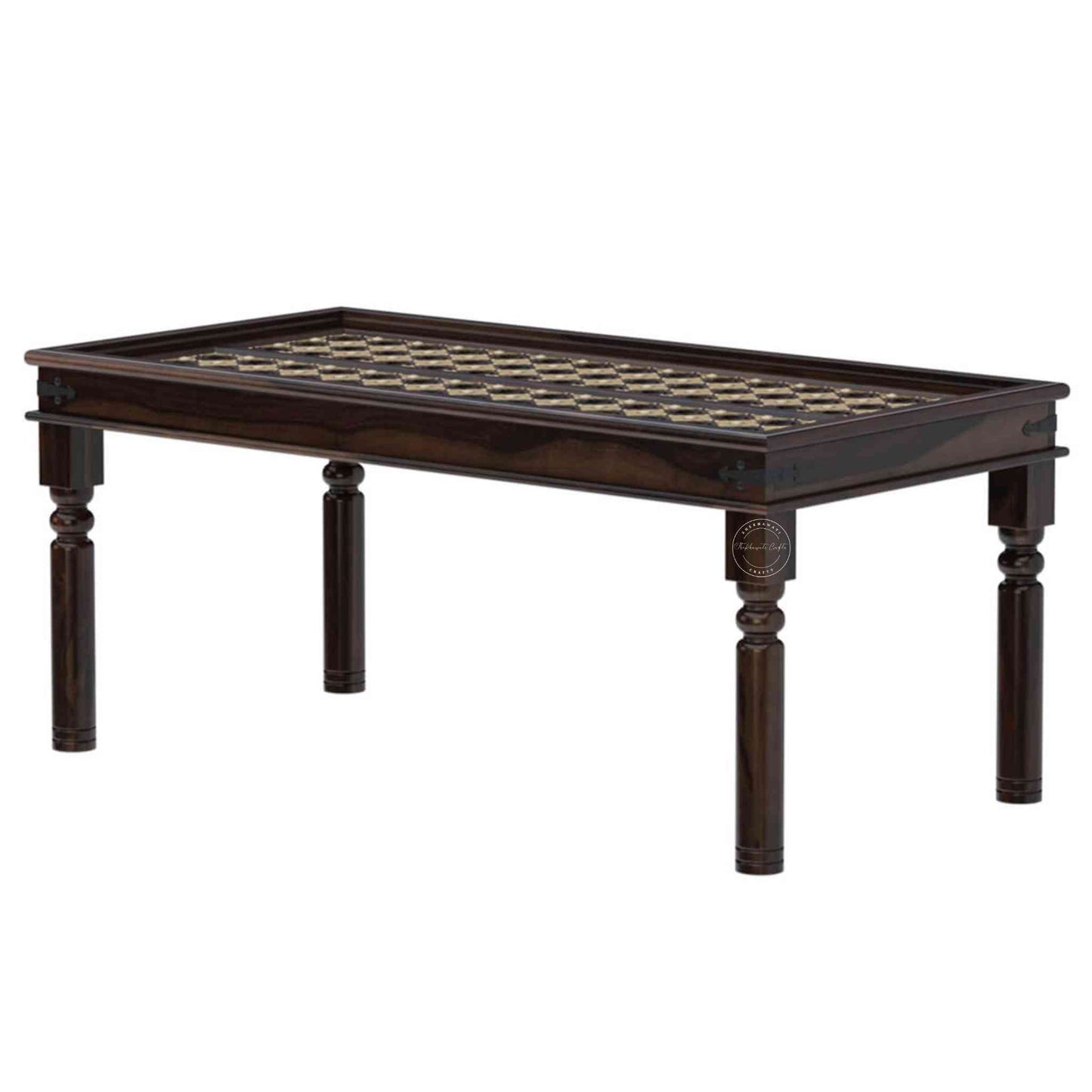 6-seater dining table, handcrafted from sheesham wood with a walnut finish, hand-carved and brass detailing, and DIY assemble legs.