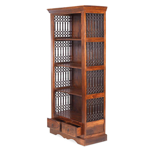 Handcrafted Sheesham wood bookshelf with iron jali, honey finish, 4 shelves and 2 drawers.